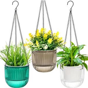 3 Pack Self Watering Hanging Planters, 6.5 Inch Hanging Flower Pot with Drainage Hole, Plastic Hanging Basket with 3 Hooks Chains, Plant Hanger for Indoor Outdoor Plants, Herbs (3 Colors)