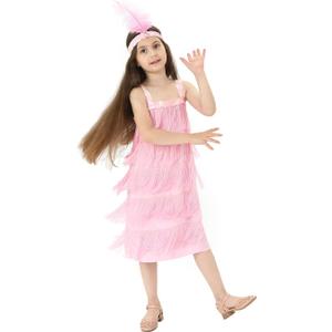 Leadtex Girl's 20s Flapper Dresses Costume Dress Childrens Party Fringed Dresses with Feather Headband, (XL(12-14), Pink)