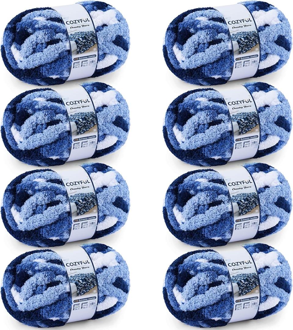 Cozyful Chunky Yarn for Hand Knitting - #10 Chunky Chenille Blanket Yarn, Jumbo Big Thick Chunky Yarns for Crocheting, Tie Dye Bulky Knit Yarns, 8 Skein (25 yds 8 oz Each Skein), Multi Blue & White