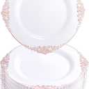 Morejoy 100pcs Plastic Plates - Disposable - 7.5 inch White and Rose Gold Dessert Plates for Weddings & Parties & Shower