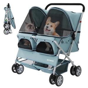 Double Pet Stroller for 2 Small Dogs & Cats, Side-by-Side Twin Travel Carriage with Safety Leashes, Mesh Windows & Double Storage Baskets, Lightweight & Foldable, 44lbs Capacity, Light Blue