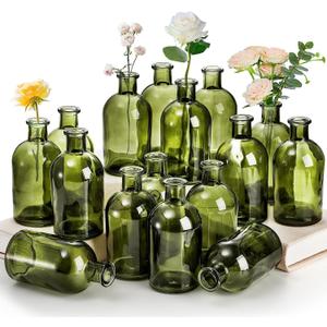 YOUEON 16 Pack Green Glass Bud Vases, Small Bud Vases in Bulk, Glass Flower Vases for Centerpieces, Vintage Decorative Bottle Vases for Flowers, Home Decor, Wedding Reception, Office