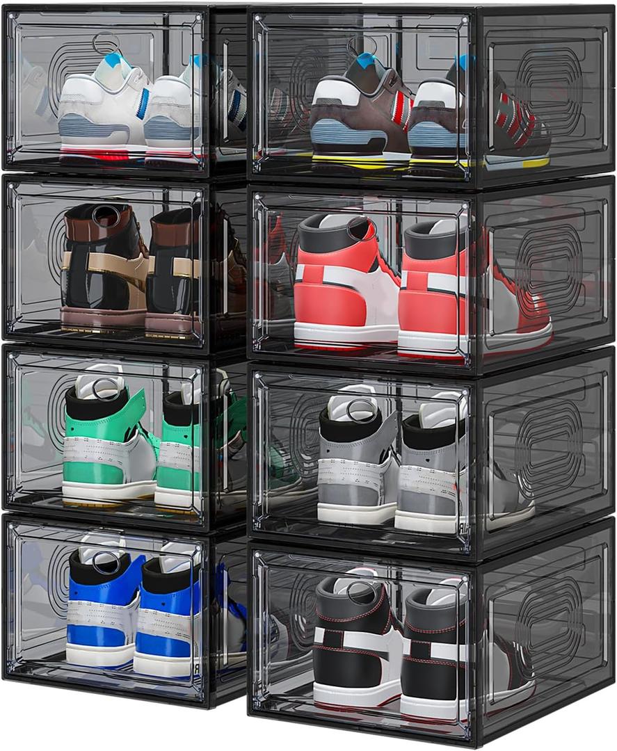 8 Pack Thicken & Clear Shoe Boxes Organizer with Magnetic Door, Stackable Storage Boxes for Shoes, Boot, Sneaker - Harder Plastic Shoe Storage Stackable Shoe Boxes for Closet Shoes Wall, Black