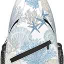 Abstract Marine Theme Crossbody Sling Bag for Women Men Nautical Coastal Starfish Seashell Mollusk Coral Sling Backpack Casual Shoulder Bag Cute Hand Drawn Underwater Plants Hiking Daypack (Blue Grey)