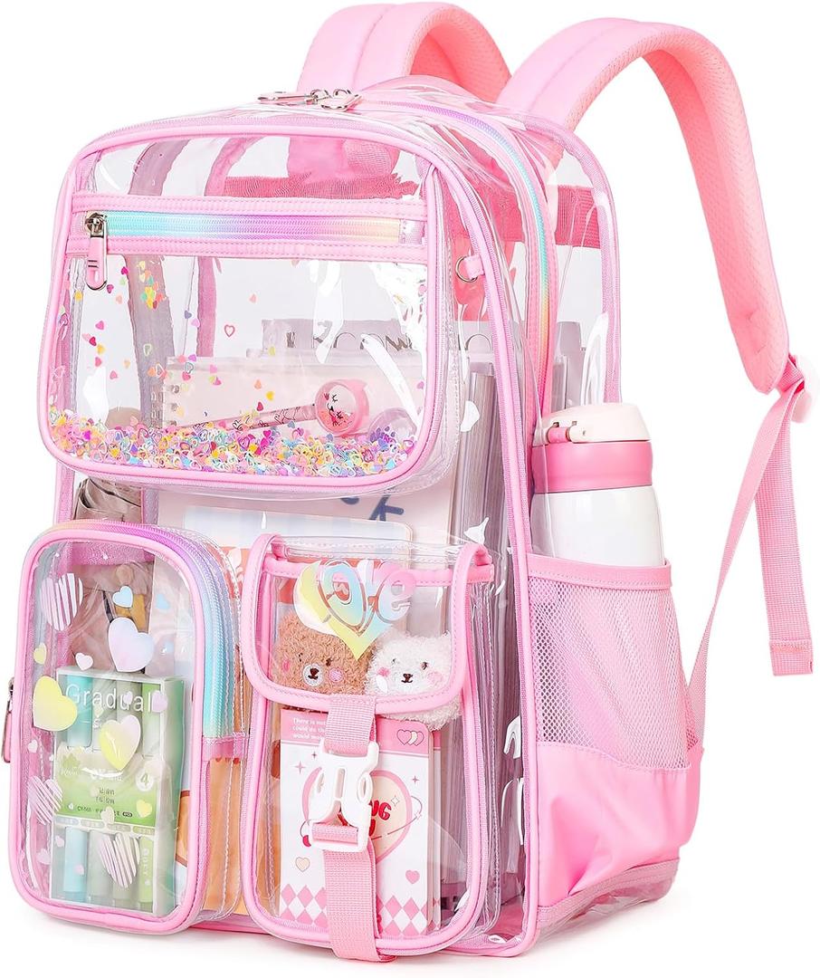 PIG PIG GIRL Clear Backpack for School,Heavy Duty PVC Transparent Bookbag for Girls Stadium Approved See Through Backpack (Pink Heart)