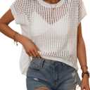 Crochet Tops for Women Spring Summer Shirts Cute Mesh Top Cap Sleeve Cover Up Pullover Sweater Beach Vacation Clothes (White, S)