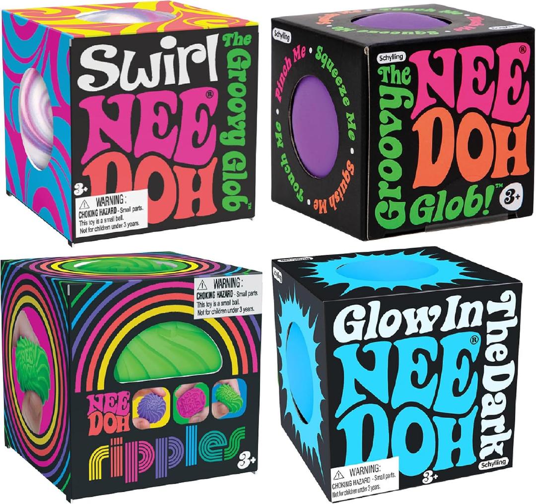 Nee Doh Teenies Ripples, Glow in The Dark, Swirl, and Original...Groovy Globs! Squishy, Squeezy, Popping, Stretchy Stress Fidget Balls Gift Set Party Bundle - 4 Pack (Asstorted Colors)