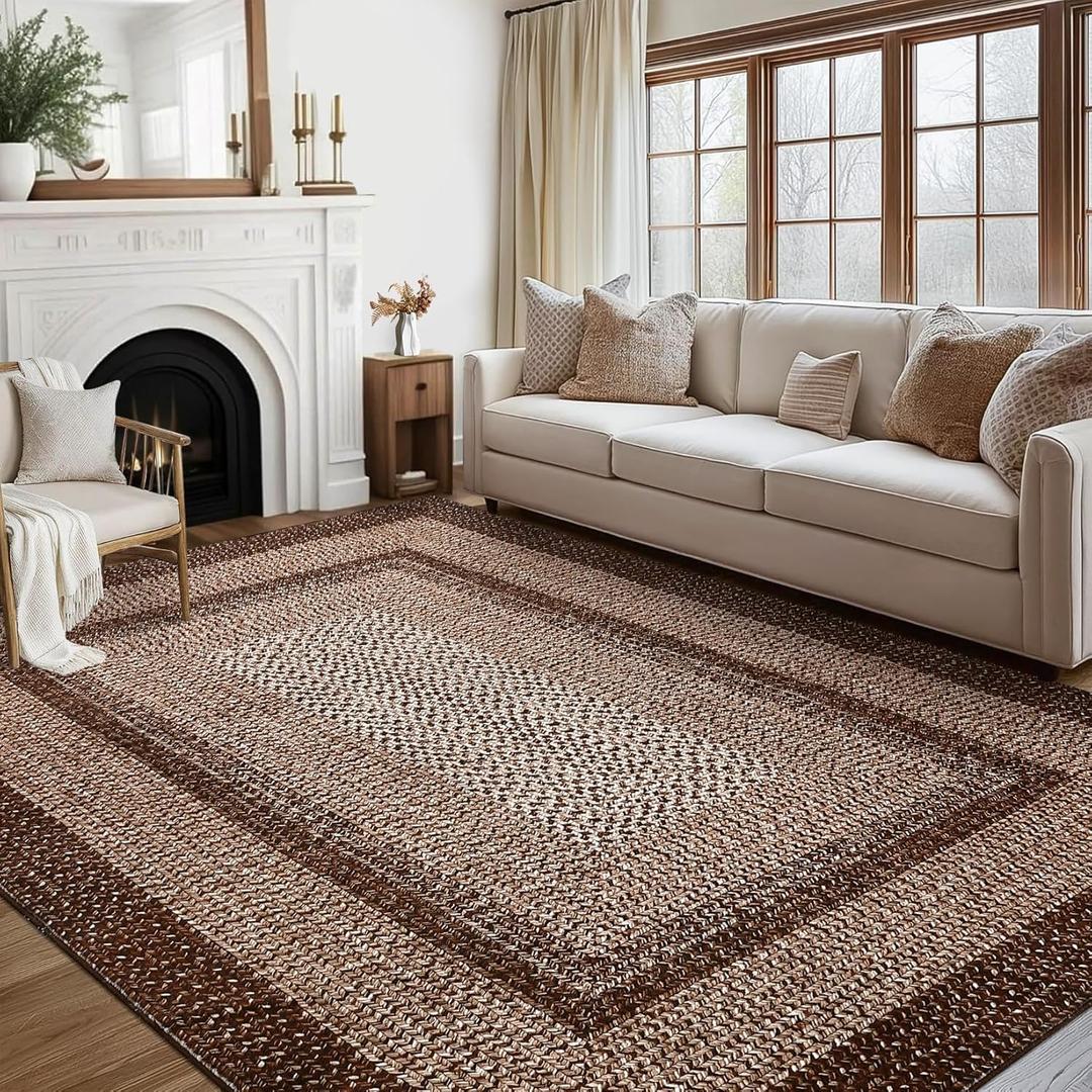 RUGSREAL 8x10 Area Rug Washable Large Living Room Rug Non Slip Farmhouse Rustic Floor Carpet Boho Accent Bedroom Rug Modern Geometric Throw Floor Cover Bohemian Border Carpet, Brown