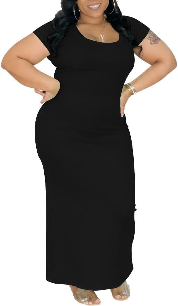 Mrskoala Women Plus Size Bodycon Maxi Dress Stretchy Knit Curve Hugging Short Sleeve Long Dresses Black, 3XL