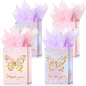 Leinuosen 16 Sets Butterfly Party Favor Bags with Tissue Paper,Pink Purple Goodie Bags for Kids Girls,Floral Treat Totes with Handles for Birthday,Baby Shower,Party,Wedding(Glitter Style)