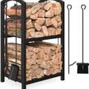 Mr IRONSTONE Firewood Rack with Fireplace Tools Set, Fireplace Tool Rack for Indoor Outdoor Fire Log Holder Wrought Iron Large Wood Stove with Firepit Tools, Brush, Shovel, Poker, Tongs, Black