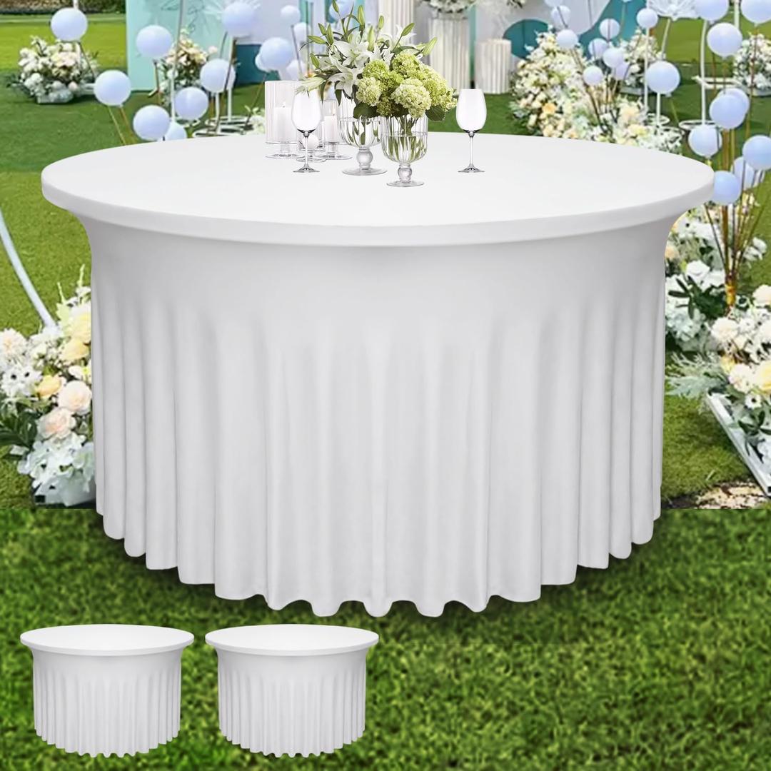 2 Pack 48" Diameter x 30" Height White Table Skirt | Fits 4FT Round Tables |Polyester Spandex Round Table Cloths with Skirt|Stain Wrinkle Resistant for Wedding,Party,Dining,Banquet