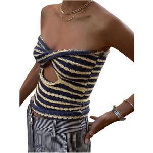 MakeMeChic Women's Knit Striped Twist Front Tube Top Strapless Cut Out Bandeau Crop Tops (XL)