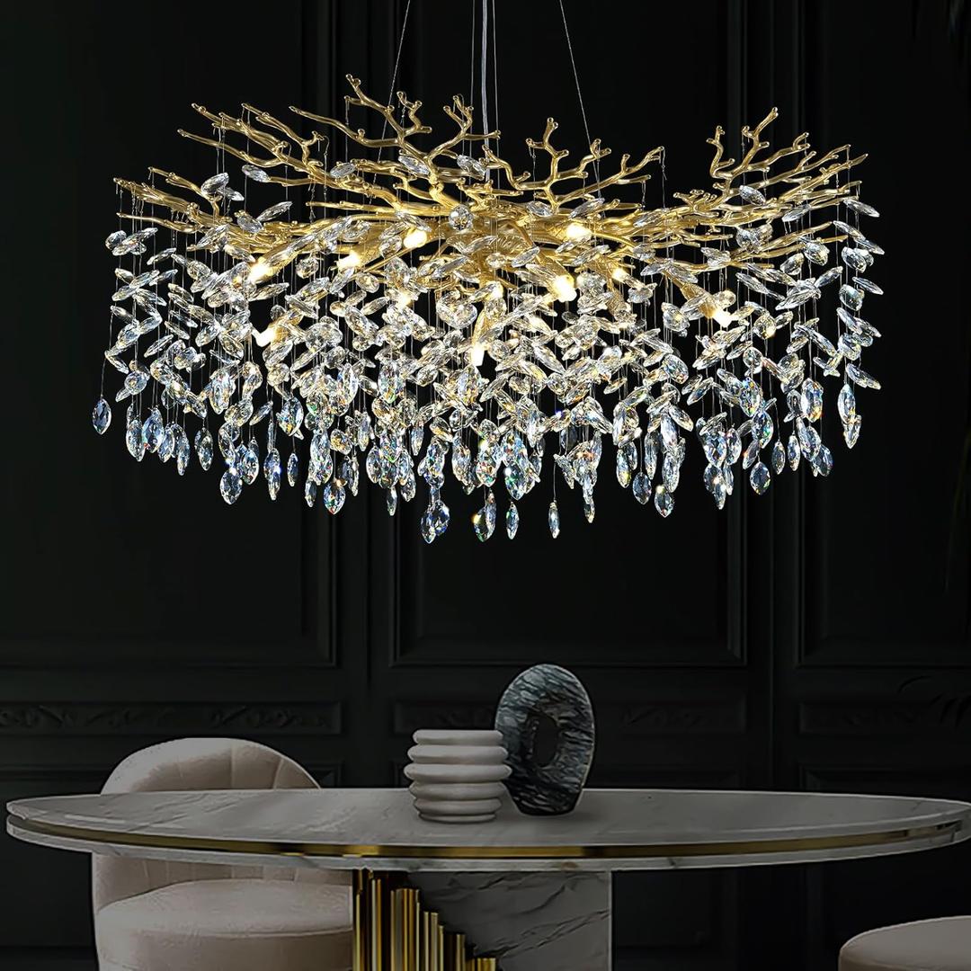 Modern Crystal Chandeliers for Dining Room Over Table, 40" Round Gold Tree Branche Chandelier, Large Crystal Chandelier for Living Room,High Ceiling,Foyer,Entryway,Kitchen Island,Staircase