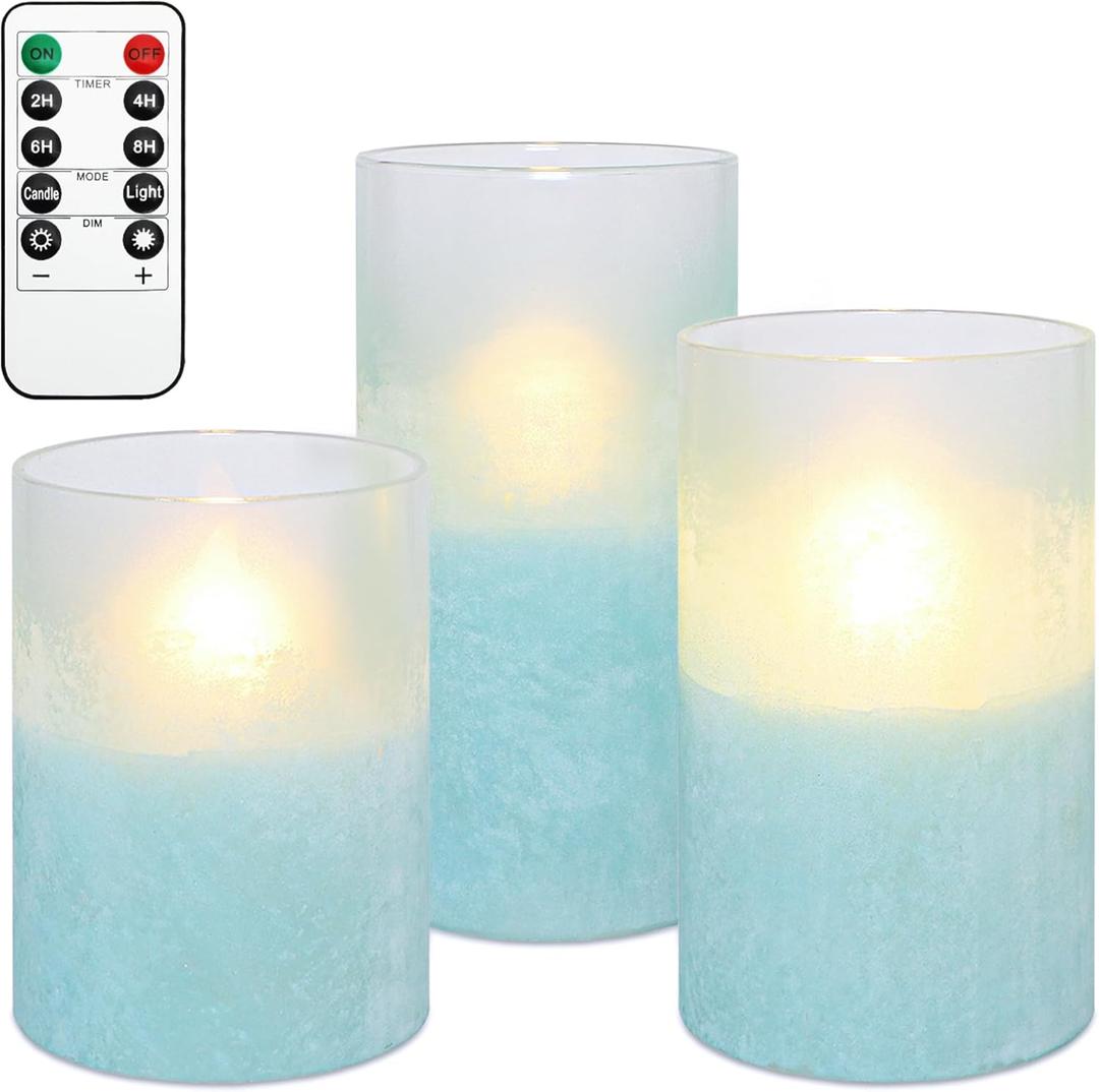 Blue Flameless Candles with Remote, Battery Operated LED Flickering Candles with Timer Sandblasted Glass LED Pillar Candles for Wedding Room Home Summer Ocean Decor (Light Green)