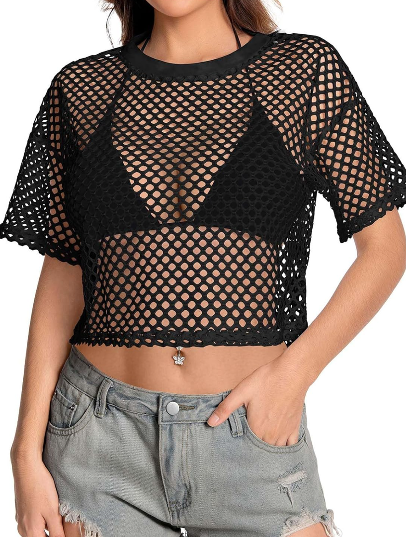 Women's Mesh Top Fishnet T Shirts Sheer Loose Short Sleeve See Through Crop Tops, Size M