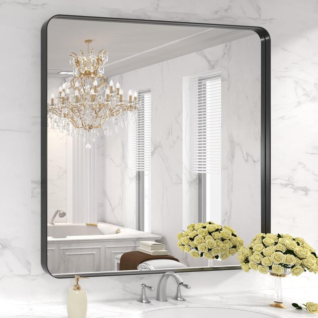 LOAAO 36X36 Inch Black Metal Framed Bathroom Mirror for Wall, Matte Black Bathroom Vanity Mirror Farmhouse, Anti-Rust, Tempered Glass, Hangs Horizontally or Vertically