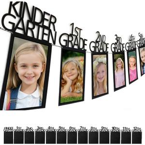 Graduation Photo Banner for Party Decoration, Kindergarten to 12th Grade Picture Banner with String for High School College Graduation Party Supplies, 13 Cards (Black, Fits 4x6 Photos)