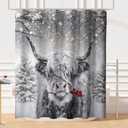 Highland Cow Shower Curtain Winter Rustic Bull Portrait Snowflake Christmas Trees Gray Shower Curtains for Bathroom 72 x72 Inch Xmas Berry Western Country Cattle Restroom Set with 12 Hooks