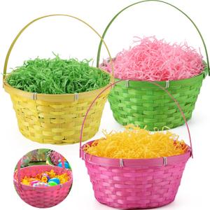 JOYIN 3 PCS Easter Bamboo Baskets with Handle and 3 Colors Grass Paper Shreds, Empty Gift Basket for Easter Egg Hunt, Kids Party Supplies, Filling with Candy & Party Favors (Yellow, Pink, Green)