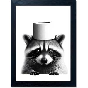 Funny Bathroom Decor Wall Art, Cute Raccoon Toilet Paper Roll Canvas Wall Decor, Humor Farmhouse Animal Wall Art, Black and White Wall Art Decor, Modern Black Frame Canvas Prints Ready to Hang 11"x14" (Ph-005)