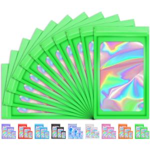100 PCS Holographic Bags, Smell Proof Bag, Resealable Gift Bags, Clear Bags for Food Storage, Party Favor Bag, Mylar Sample Bag for Jewelry, Lipgloss, Eyelash | Green, 4x6 Inch