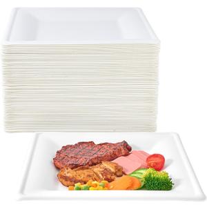 ECOLipak 150 Pieces Compostable Square Paper Plates, 10 inch Disposable Plates Square, Eco-friendly Biodegradable Sugarcane Bagasse Plates for Party Dinner Birthday