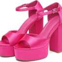 Women's Chunky Platform Heels Ankle Strap Heeled Sandals Open Toe Sexy Pumps for Wedding Party (Pink)