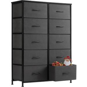 Sweetcrispy Dresser, Tall Dresser for Bedroom, Drawer Dresser Organizer Storage Drawers with 10 Drawers, Chest of Drawers with Fabric Bin, Steel Frame, Wood Top for Bedroom, Closet, Entryway (31.5"D x 11.8"W x 45.7"H (10 Drawers), Grey)