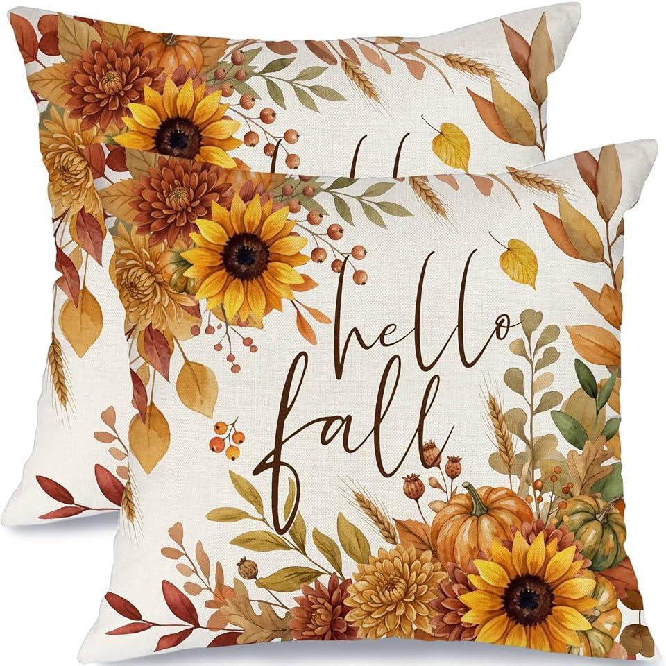 AOFANGGO Fall Pillow Cover 18x18 Inch Boho Wildflowers Floral Daisies Farmhouse Decor Cushion Case for Couch Sofa or Bed Autumn Pumpkins Farm Animal Living Room Entryway Home Decoration