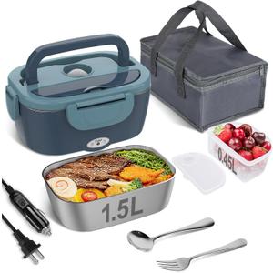 Vabaso Electric Lunch Box Food Heater, 80W Electric Heating Lunch Boxes Lunch for Adults/Men/Car/Truck/Work, 1.5L Removable 304 Stainless Steel Container, 110V/12V/24V, with Fork & Spoon (Dark Blue)