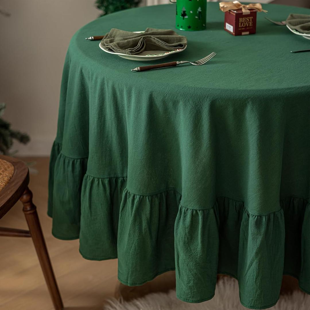 SeptPas Christmas Cotton Tablecloth 70 Inch Ruffle Trim Table Clothes Washable Round Fabric Table Cloth Kitchen Dinning Tabletop Decoration for Party Wedding Events Holiday - Green