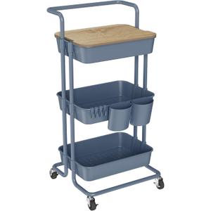 DTK 3 Tier Utility Cart with Cover Board, Rolling Cart with Lockable Wheels, Cups, Hooks for Home Office, Art Craft Storage, Home School Organization and More Uses(Blue) (Medium-Plastic&Metal)