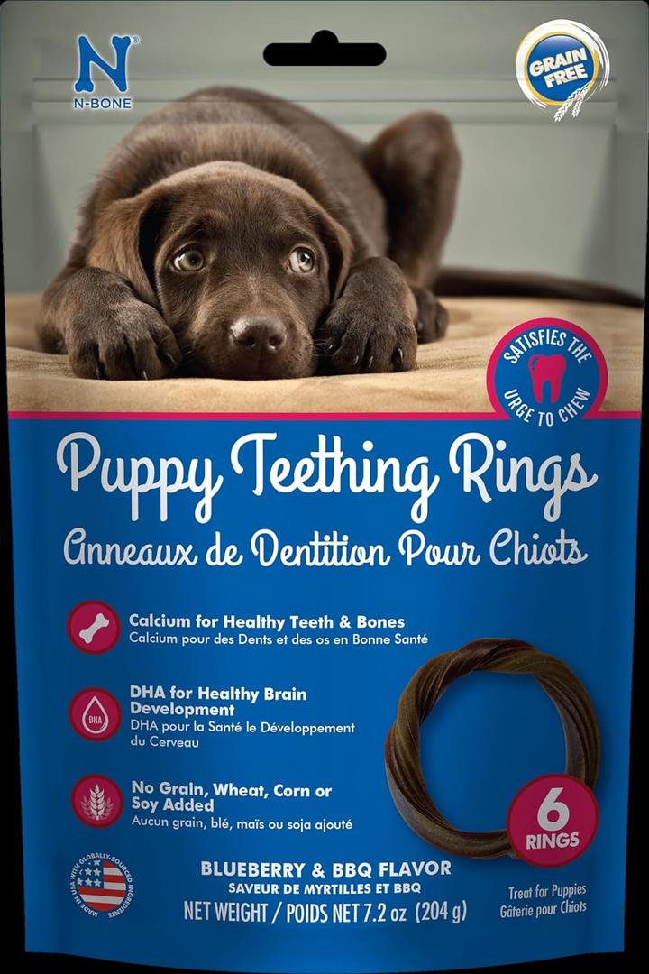 N-Bone Puppy Teething Rings Grain-Free Blueberry & BBQ Flavor Dog Treat, 6 Count Bag, 7.2-oz (EXP 05/04/27)
