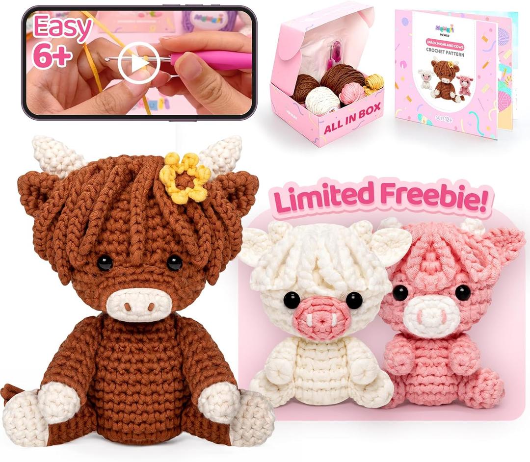 Mewaii Beginner Crochet Kit with 40% Extra Yarn, Pre-Started Yarn & Video Tutorials - 3 Highland Cows Craft Set for Adults & Kids (Brown Pink and White)