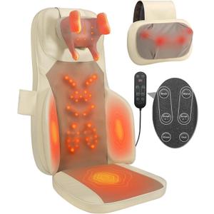 Shiatsu Massage Cushion with Heat for Neck and Back - 4D Kneading, Vibration and Dual-Neck Design, Adjustable Intensity and Height, Help with Muscle Stiffness, for Office Chair, Home, Beige