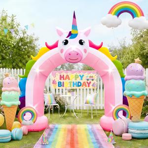 10FT Inflatable Unicorn Arch Outdoor Decorations Giant Inflatable Unicorn Rainbow Photo Backdrop with Built-in 5 LED Lights for Summer Beach Unicorn Pool Parties Girls Birthday Decor