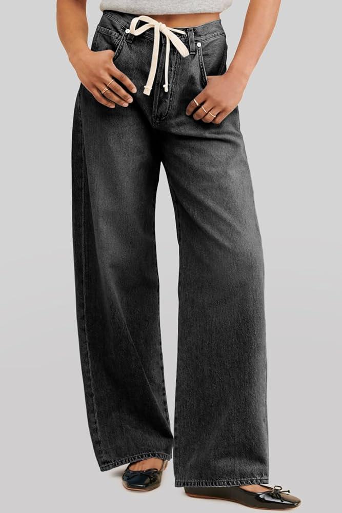 PLNOTME Womens Baggy Jeans Boyfriend Wide Leg Trendy Casual Mid Rise Cuffed Hem Denim Pants with Pockets Grey 33x43