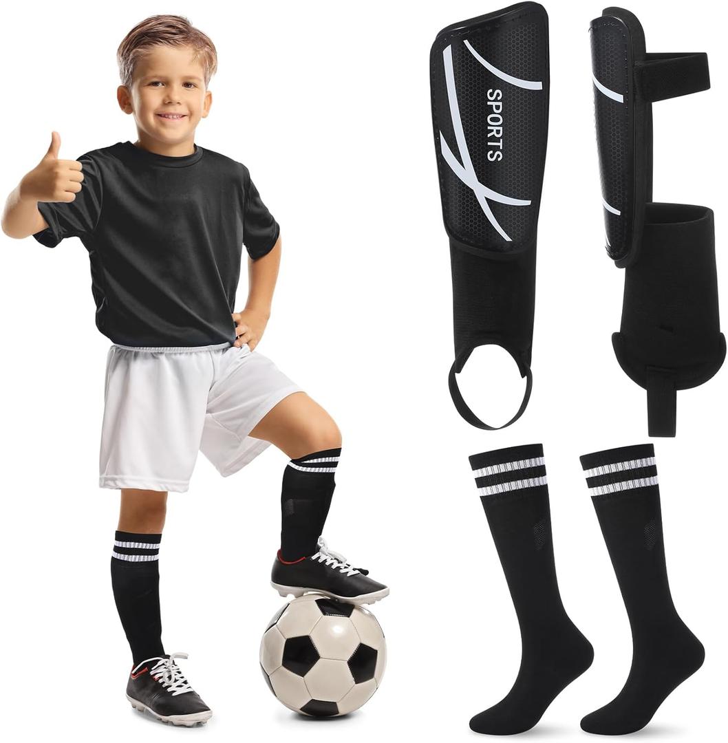 Soccer Shin Guards and Socks Kids Youth Lightweight Soccers Pads Defender with Ankle Protection Ski Shin Guards Football Equipment for Age 4-14 Toddler Boy Girl (Small, Black)