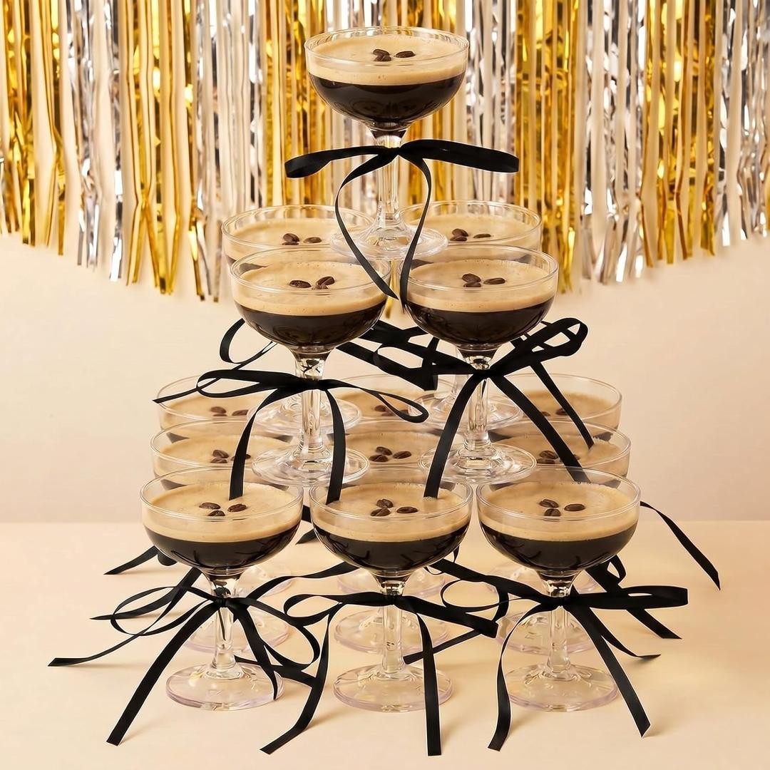 Maxdot 20 Set A Tini Bit Older Espresso Martini Birthday Party Supplies 5 oz Plastic Martini Glasses with Bow She's the Cherry on Top Champagne Tower for Bachelorette Decoration(Black)