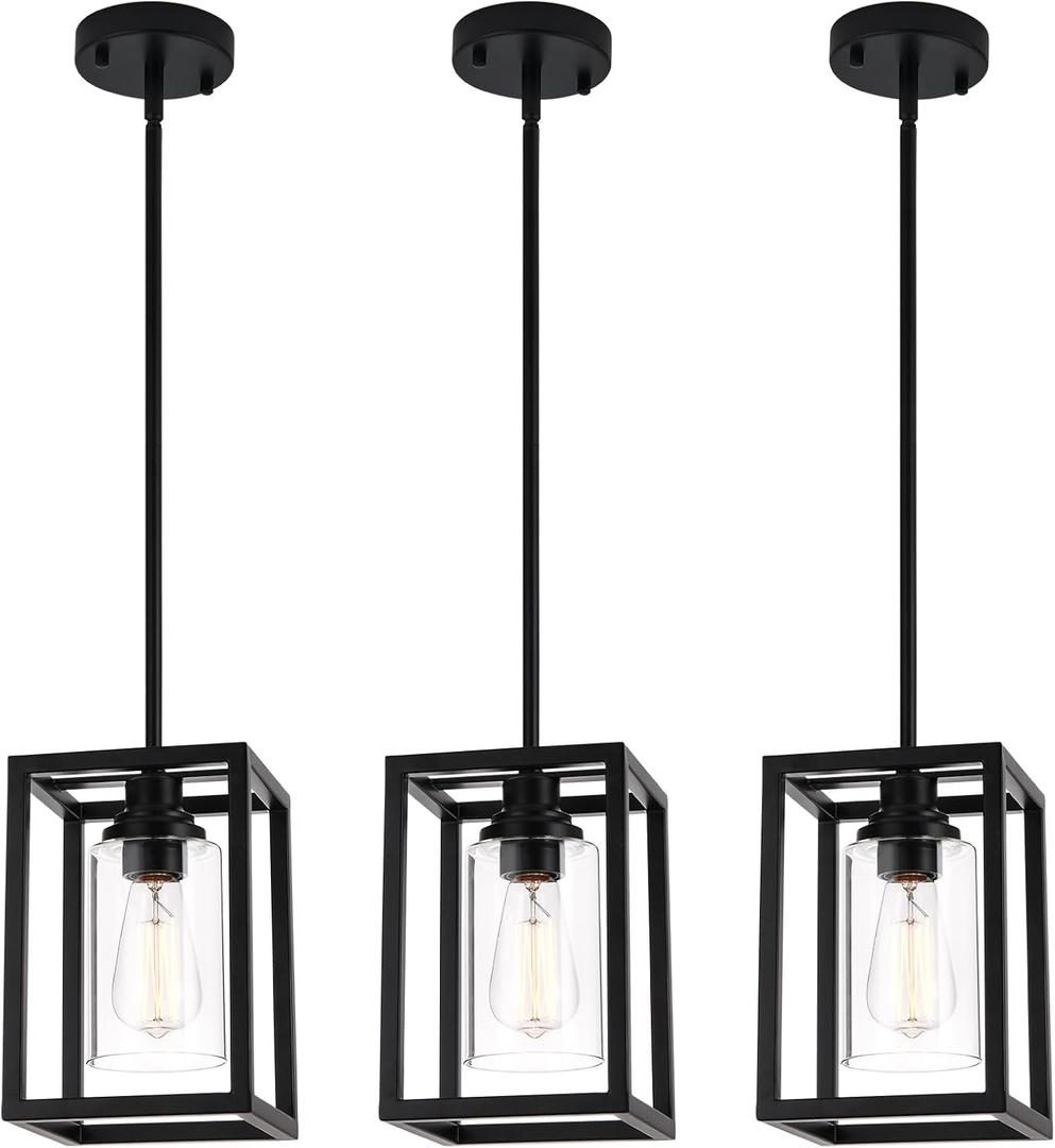 Matte Black Farmhouse Pendant Light Fixtures, Pendant Lights for Kitchen Island, Rectangle Linear Metal Hanging Lighting Fixture Ceiling Mount with Clear Glass Shade E26 Base for Dining Room, 3 Pack