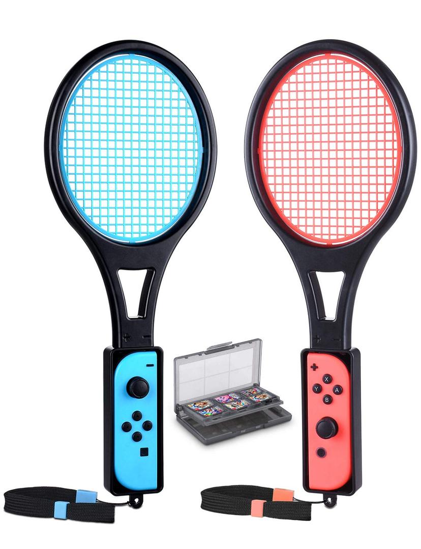 Tendak Tennis Racket for Nintendo Switch Joy-Con, Game Accessories for Mario Tennis Aces Game with 12 in 1 Game Card Case (2 Pack)