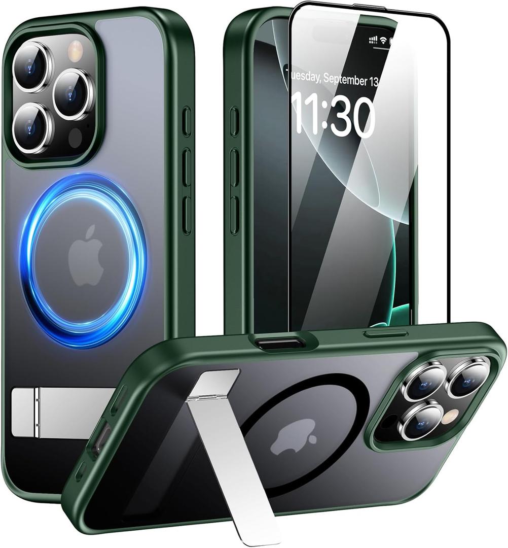 SPIDERCASE Magnetic for iPhone 16 Pro Case, with 2 Pcs [Tempered Glass Screen Protector] [ Military Grade Drop Protection] Invisible Kickstand Slim Case for iPhone 16 Pro 6.3", Green