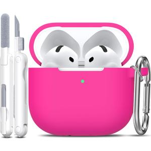 R-fun AirPods 4 Case With Cleaner Kit, Full Protective Soft Skin Silicone Cover With Keychain for Men Women, Compatible With Apple AirPods 4th Generation 2024, Rose Pink