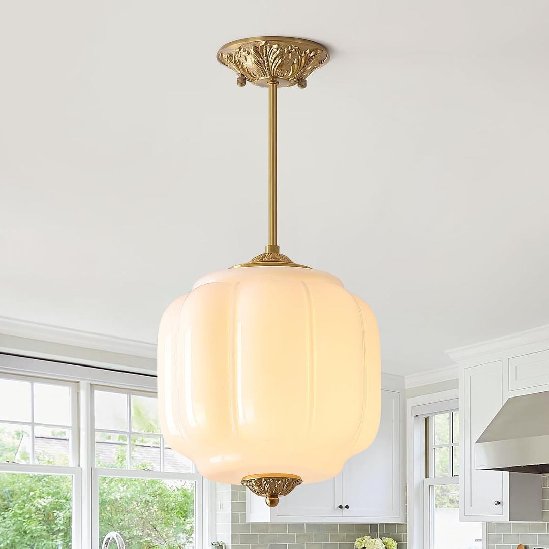 Milk Glass Chandelier Vintage Pendant Ceiling Light Fixture 10.24 in White Antique Brass Farmhouse Semi Flush Mount Close to Ceiling Light Fixture for Kitchen Island Hallway Schoolhouse Foyer Bedroom