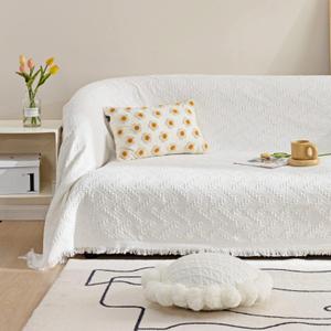 Homcosan Sofa Slipcovers Towel Cover Cotton Knit Geometrical Couch Cover for 4 Seat Cushion Couch Furniture Pet Protector Stylish Throws for Sectional Couch(White, Sofa-4 Seater) (XX-Large (91''x134''))