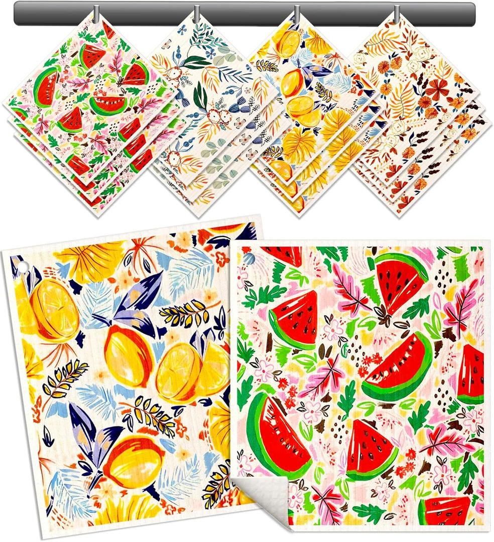 Kitchen Reusable Swedish Dishcloths - 12 Pack Absorbent, Fast Drying, Washable Swedish Towels with Cute Design, Fruit Flower