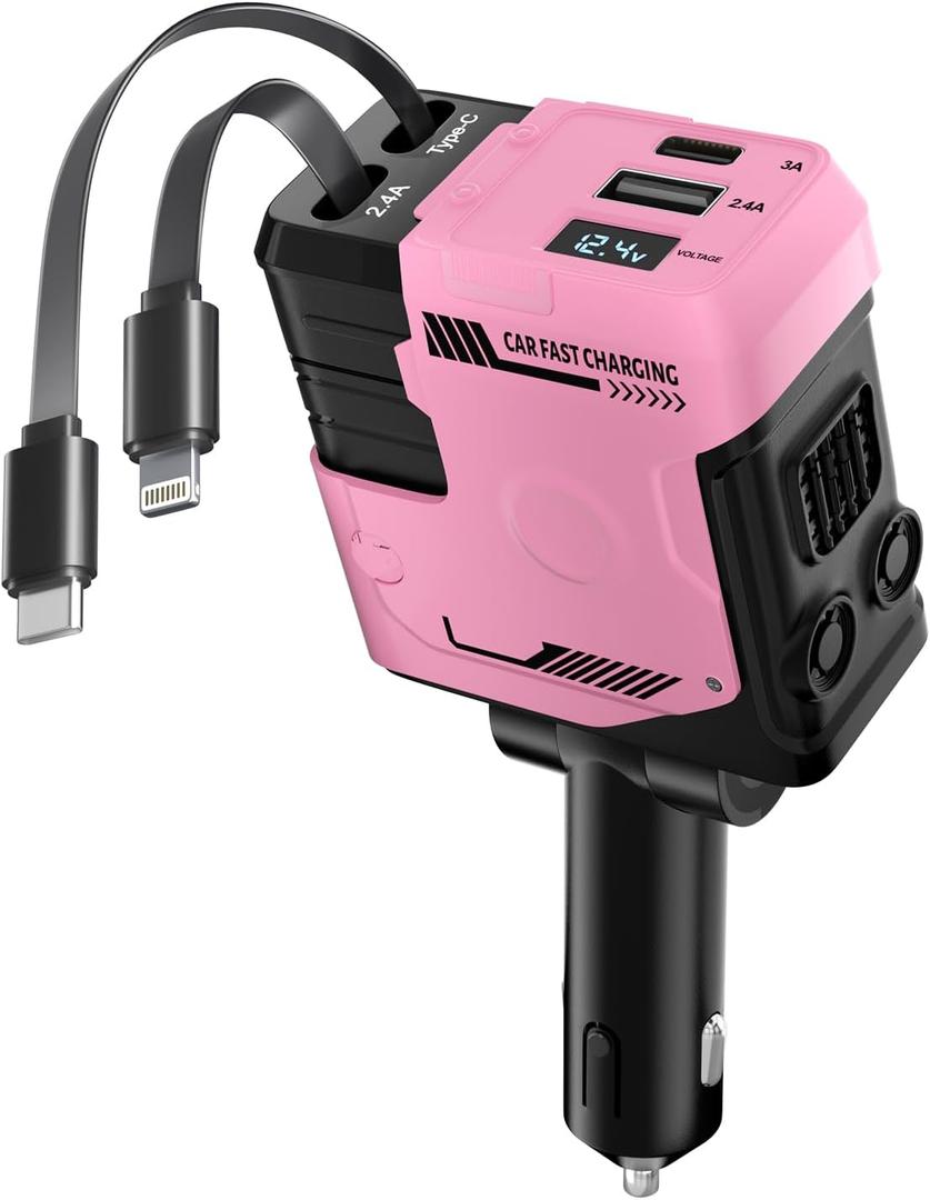 Retractable Car Charger with Retractable Cable (31.5 inch), 4 in 1 Super Fast Car Phone Charger, 2 USB Ports Adapter, Compatible with iPhone 15 14 13 12 11 Pro Max, iPad, Pixel (Pink)