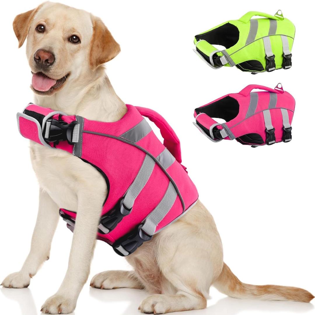 Kuoser Small Dog Life Jacket High Flotation, Reflective Puppy Water Vest for Swimming Boating, Adjustable Doggie Life Preserver Rescue Handle for Summer, Pink S (S (Chest Girth:16.9-21.3''))
