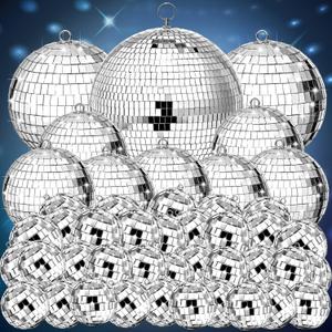 Mirror Disco Balls Bulk Assorted Silver Hanging Disco Ball Decor,  0.8'',1.6'',2.4'',3.2'',4'',8''